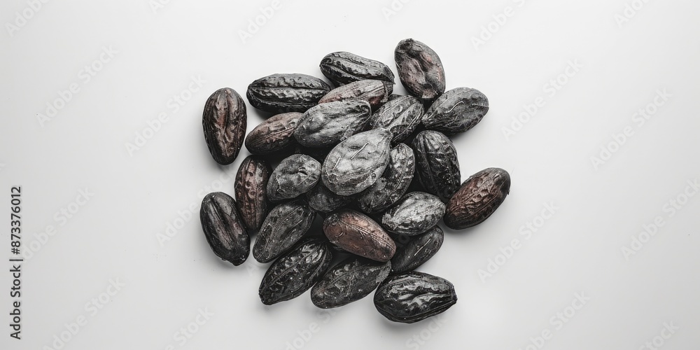 Obraz premium A pile of dried fruit with a white background. The fruit is small and wrinkled. The pile is spread out and he is a mix of different types of fruit