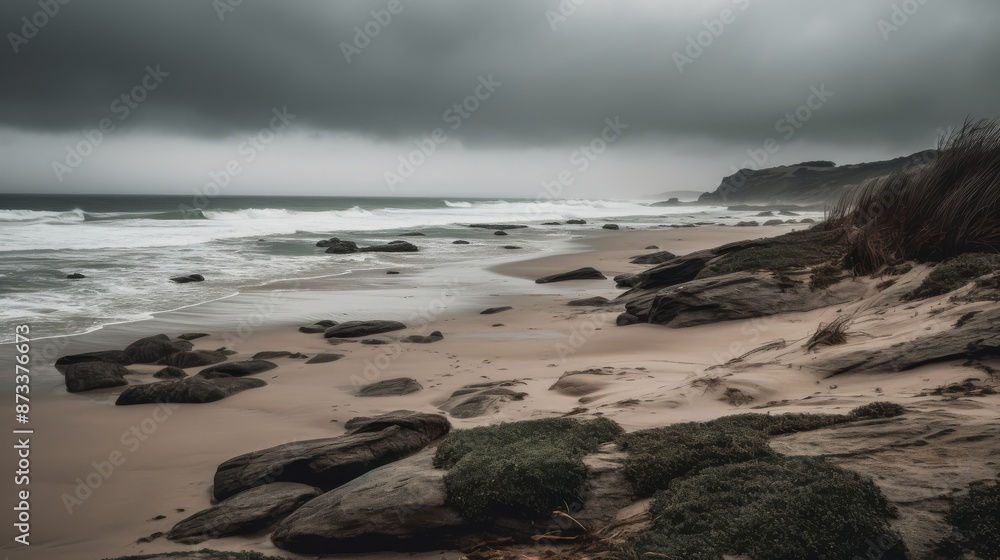 A beach with rocks and waves on a cloudy day creates a picturesque scene blending water, sky, and coastal landscape elements harmoniously A beach with rocks and waves on a cloudy day creates a picturesque scene blending water, sky, and coastal landscape elements harmoniously