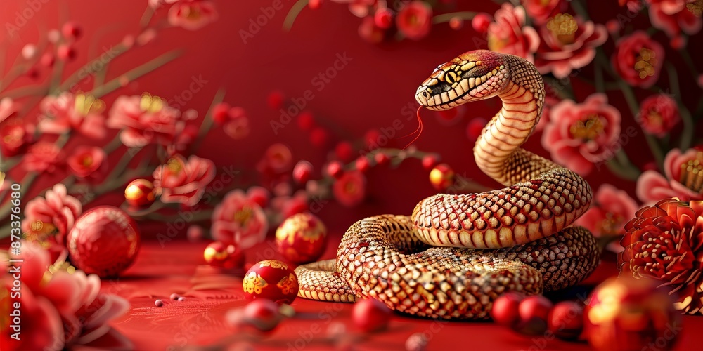 Enigmatic Serpent Amidst Dreamy Red Blooms and Festive Ornaments Enigmatic Serpent Amidst Dreamy Red Blooms and Festive Ornaments