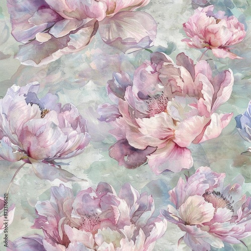 Fototapeta Naklejka Na Ścianę i Meble -  Watercolor peony blossoms in a seamless pattern with a blend of soft pastel shades, creating a fluid, ethereal look against a textured backdrop