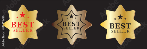 Best seller sticker label set with gold medal and red ribbon isolated fit for mark best seller product, book cover label.