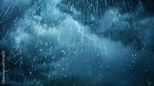 Clouds pouring rain, lightning flashing in the sky, a sign of heavy rain and the rainy season.