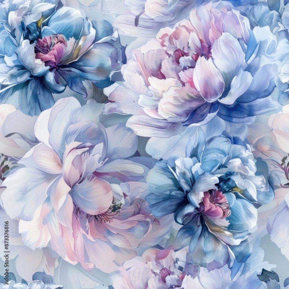 Watercolor seamless pattern with peony blossoms in pastel shades, blending softly into each other for a dreamy, vintage-inspired effect Watercolor seamless pattern with peony blossoms in pastel shades, blending softly into each other for a dreamy, vintage-inspired effect