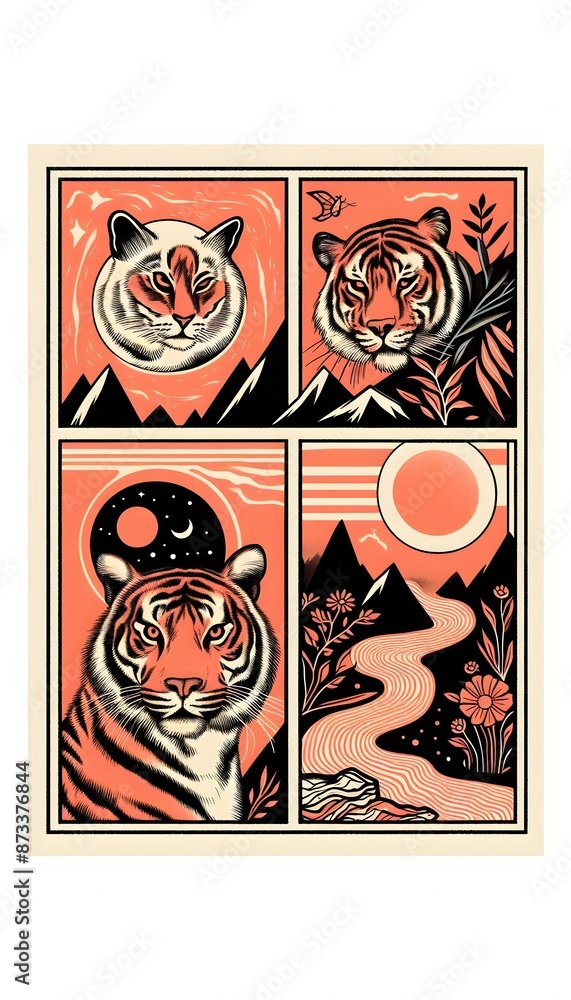 A collage of a cat, a tiger, a river, a moon, in an illustrated frame, risograph, orange and pink colors. A collage of a cat, a tiger, a river, a moon, in an illustrated frame, risograph, orange and pink colors.