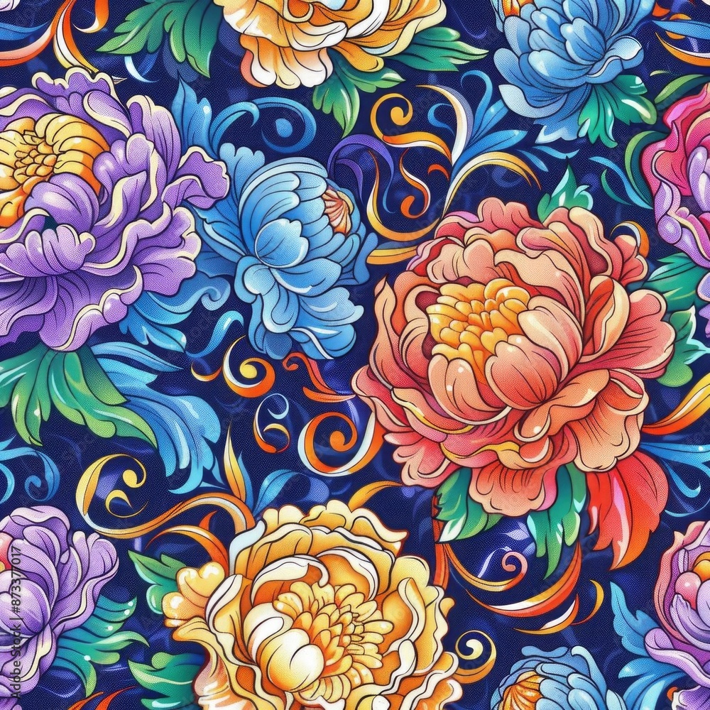 Whimsical seamless design with stylized peony blossoms and swirling lines, set in bright, lively colors for a joyful, enchanting look Whimsical seamless design with stylized peony blossoms and swirling lines, set in bright, lively colors for a joyful, enchanting look