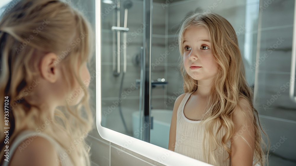 Joyful 8-Year-Old Girl with Dark Hair and Bangs Smiling at Mirror in Modern White Bathroom - Cinematic Style Joyful 8-Year-Old Girl with Dark Hair and Bangs Smiling at Mirror in Modern White Bathroom - Cinematic Style