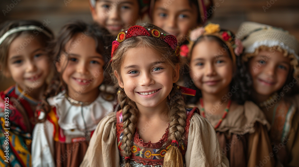 Greetings for a group photo from a multicultural bunch of kids dressed in traditional garb. Greetings for a group photo from a multicultural bunch of kids dressed in traditional garb.