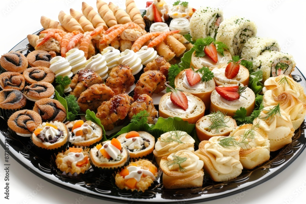 Lavish assortment of gourmet appetizers including sushi, mini quiches, and canapés for a festive event Lavish assortment of gourmet appetizers including sushi, mini quiches, and canapés for a festive event