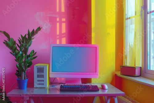 a modern room with a computer and a plant