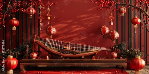 Traditional Chinese Guqin Display with Red Lanterns and Cherry Blossoms photo