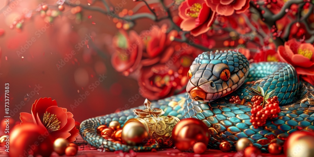 Fototapeta premium Serpent Amid Blossoms in Festive Red and Gold Composition