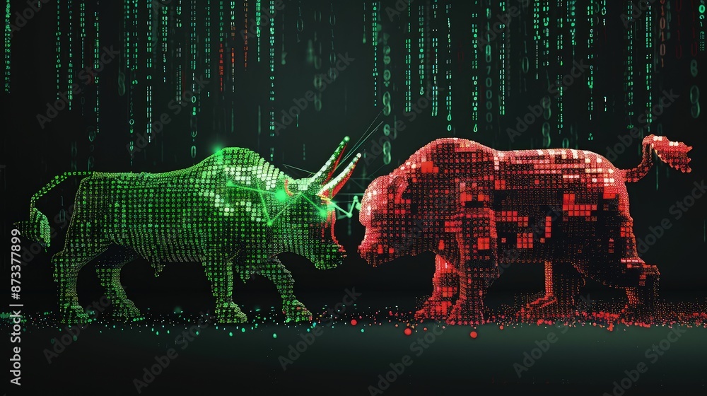 Obraz premium A concept image of a digital bull made of green binary code and a bear made of red binary code, symbolizing contrasting market sentiments.