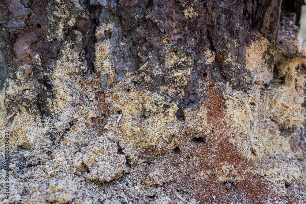 Bore dust a reddish sawdust like substance known as frass could be an indication of Pine Beetle activity Bore dust a reddish sawdust like substance known as frass could be an indication of Pine Beetle activity