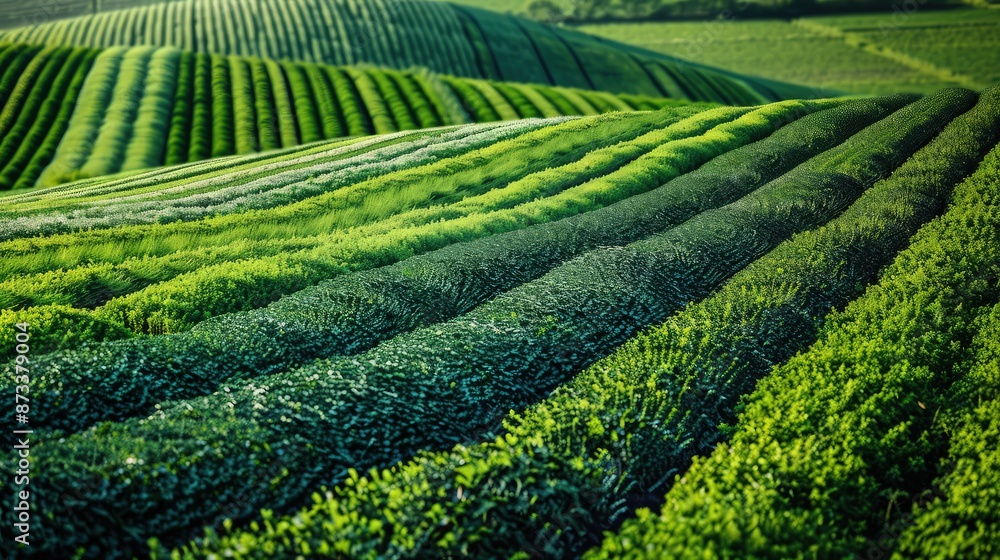 A conceptual image of a green plant field, where various shades of crops create a vibrant upward trend pattern across the landscape. A conceptual image of a green plant field, where various shades of crops create a vibrant upward trend pattern across the landscape.