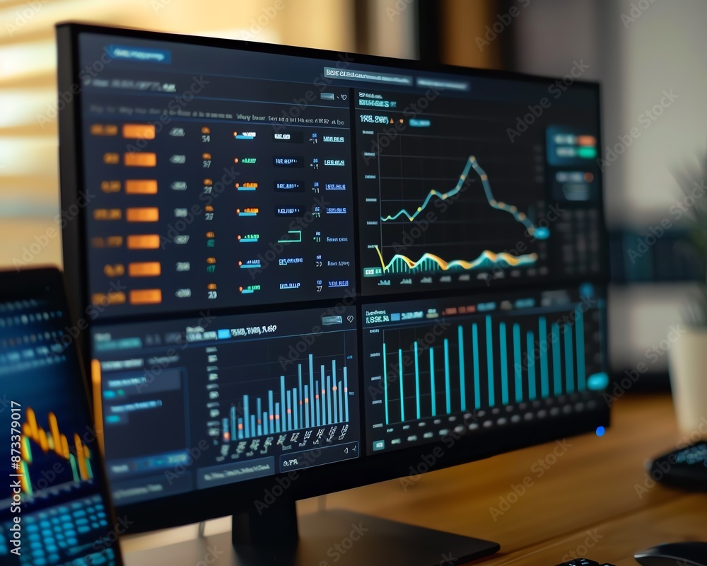 Detailed image of financial charts and data on a desktop computer screen Detailed image of financial charts and data on a desktop computer screen