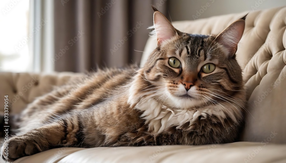 Naklejka premium Majestic Long-Haired Cat Relaxing on a Cozy Beige Couch