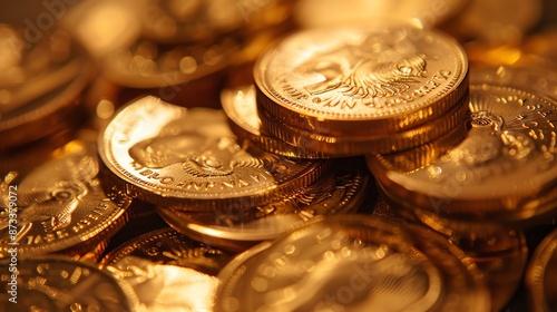 Extreme close-up of gold coins stacking high, symbolizing wealth accumulation