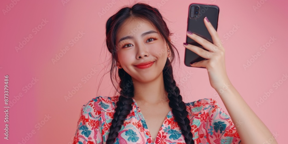 A woman with long black hair and a pink shirt is holding a cell phone up to her face A woman with long black hair and a pink shirt is holding a cell phone up to her face