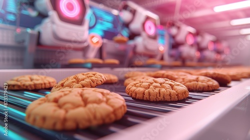 Close-up of cookies moving on a conveyor belt in a futuristic factory photo