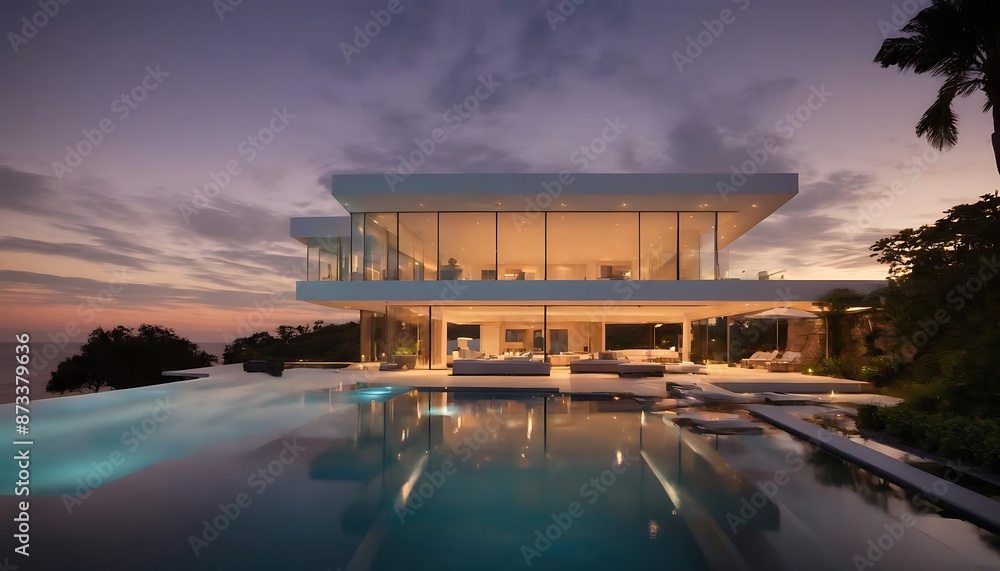 Modern Luxury Beachfront Villa at Sunset with Infinity Pool and Scenic Views Modern Luxury Beachfront Villa at Sunset with Infinity Pool and Scenic Views