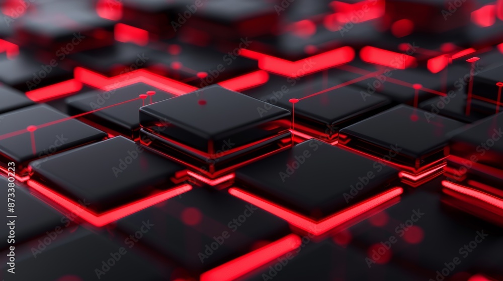 High-tech blockchain concept with interconnected 3D blocks and red lines symbolizing information exchange on a sleek black backdrop, focus cover all object, deep dept of field High-tech blockchain concept with interconnected 3D blocks and red lines symbolizing information exchange on a sleek black backdrop, focus cover all object, deep dept of field