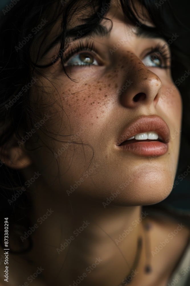 A woman with a lot of freckles on her face is smiling. The image has a warm and friendly mood A woman with a lot of freckles on her face is smiling. The image has a warm and friendly mood