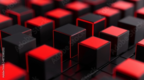 High-tech blockchain concept with interconnected 3D blocks and red lines symbolizing information exchange on a sleek black backdrop, focus cover all object, deep dept of field © Wimon