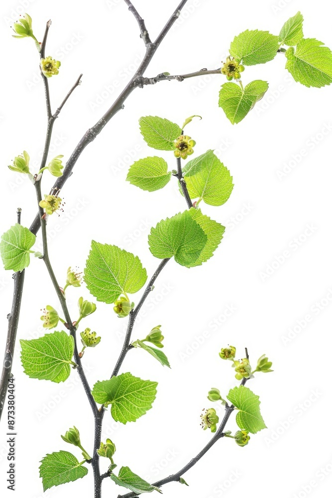 Obraz premium A tree branch with green leaves and small white flowers. The branch is thin and long, and the leaves are spread out in a way that makes the branch look like it's reaching out. The image has a peaceful