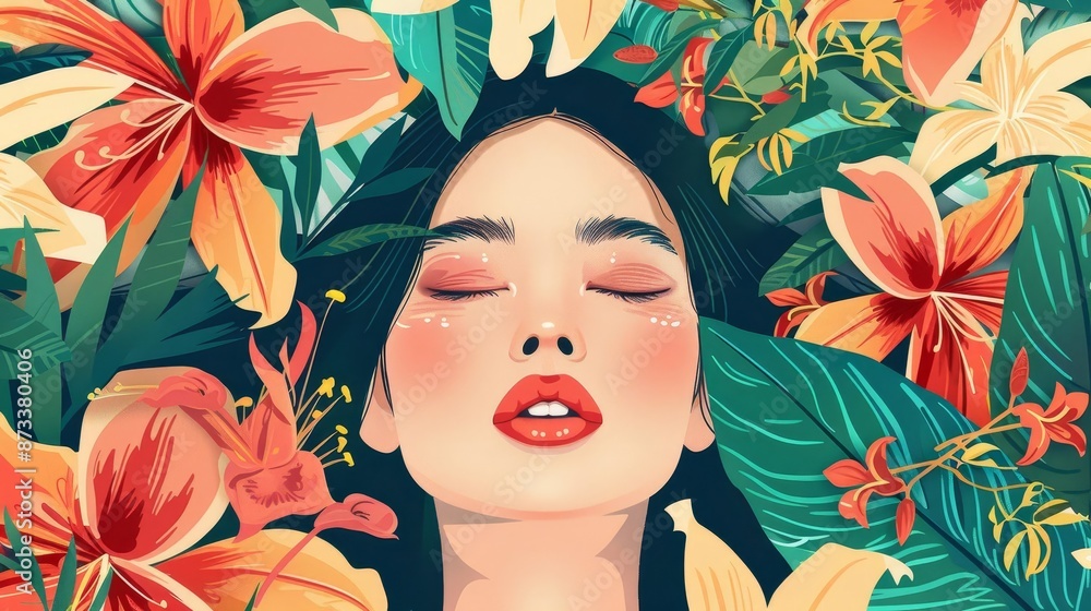 Portrait of a Woman with Exotic Floral Background Portrait of a Woman with Exotic Floral Background