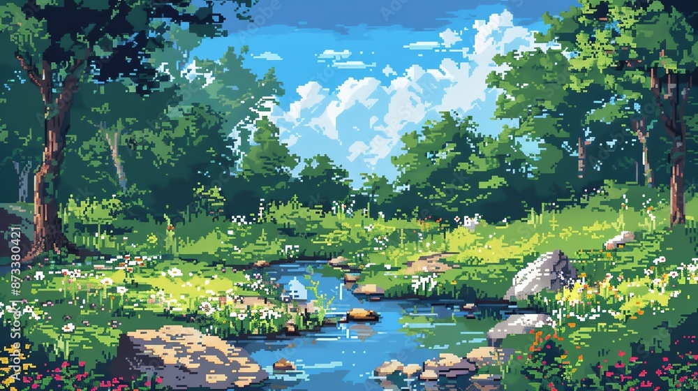 © sukrit - Pixelated landscape of a tranquil meadow with a babbling brook