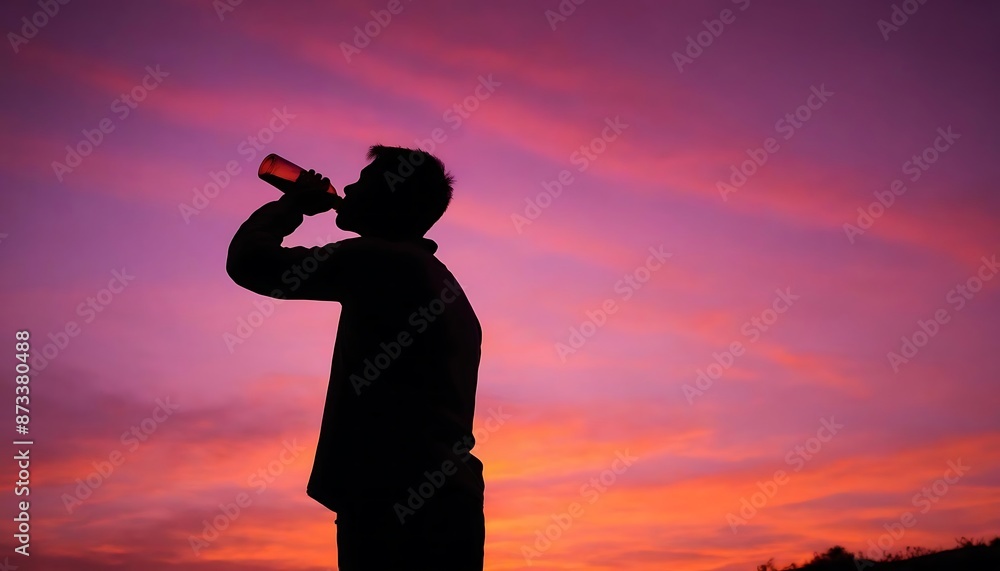Fototapeta premium Silhouette of a Man Drinking Against Vibrant Sunset Sky