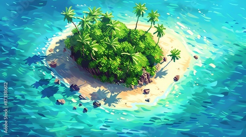 Pixelated tropical island with clear blue waters and sandy beaches