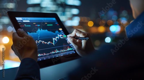 Close-up of a financial advisor analyzing market trends on a digital tablet