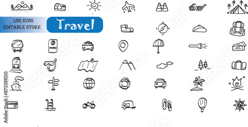 Travel icon set. Summer vacations and holiday symbol vector illustration. Сlipart with travelling elements, bags, transport, map, palm, seashells, bikini. 