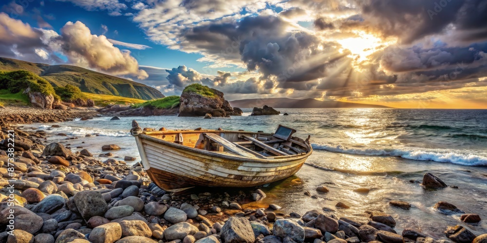 Fototapeta premium Abandoned Boat on a Rocky Beach at Sunset with Dramatic Clouds