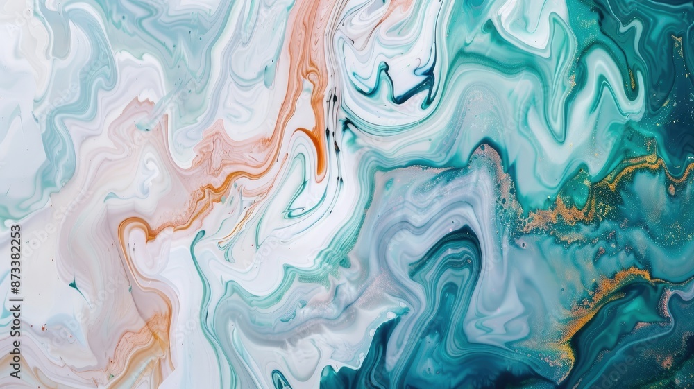 Obraz premium Abstract Marble Painting with Swirling Colors - A colorful abstract marble painting with swirling colors and textures. The artwork features a mix of blue, teal, green, white, gold, and orange tones cr
