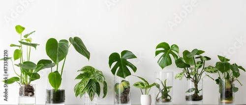 AI generator image of  monstera, pothos, philodendron propogated in glass containers cute, simple, greens, white background Wide viewing angle photo