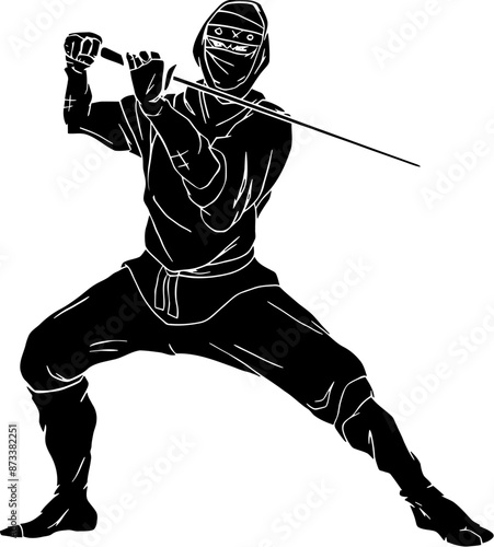 Ninjutsu fighter. Ninja, Japanese wrestler. Japan martial art. Asian warrior in mask, wrestling pose, stance, defending position, posture. vector illustration isolated on white background
