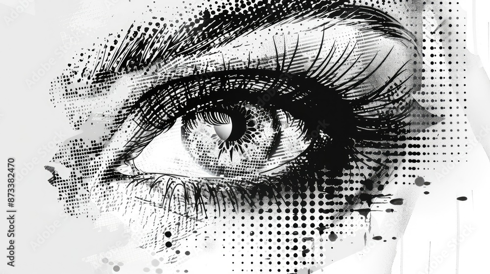 Obraz premium Intriguing Gaze: A Close-Up of a Woman's Eye in Black and White - A close-up of a woman's eye drawn in black and white, capturing a captivating and enigmatic gaze. - A close-up of a woman's eye drawn 