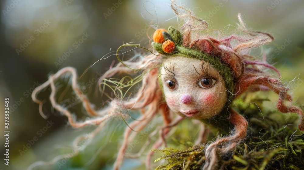 Fototapeta premium Charming Fairy Figurine - Close-up photo of a handcrafted fairy figurine made of wool felt, showcasing delicate details and a charming expression. - Close-up photo of a handcrafted fairy figurine made