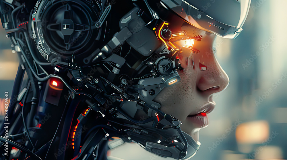 Advanced woman cyborg, merging human and robotic aspects, futuristic AI, detailed and hightech, scifi portrayal of mankind's future, glowing accents Advanced woman cyborg, merging human and robotic aspects, futuristic AI, detailed and hightech, scifi portrayal of mankind's future, glowing accents