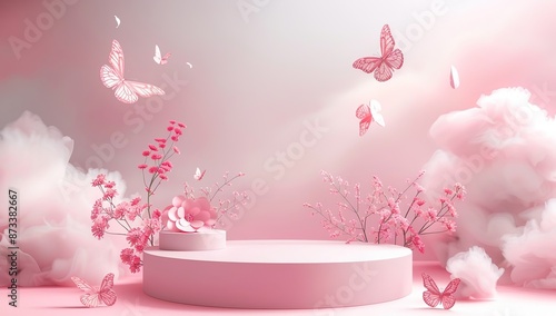 A pink podium with butterflies and flowers on the sides pink empty space in center for product 