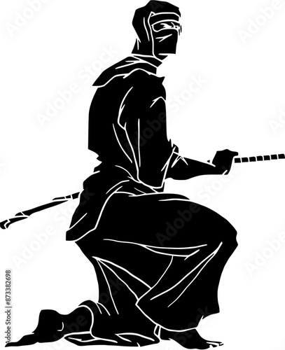 Ninjutsu fighter. Ninja, Japanese wrestler. Japan martial art. Asian warrior in mask, wrestling pose, stance, defending position, posture. vector illustration isolated on white background