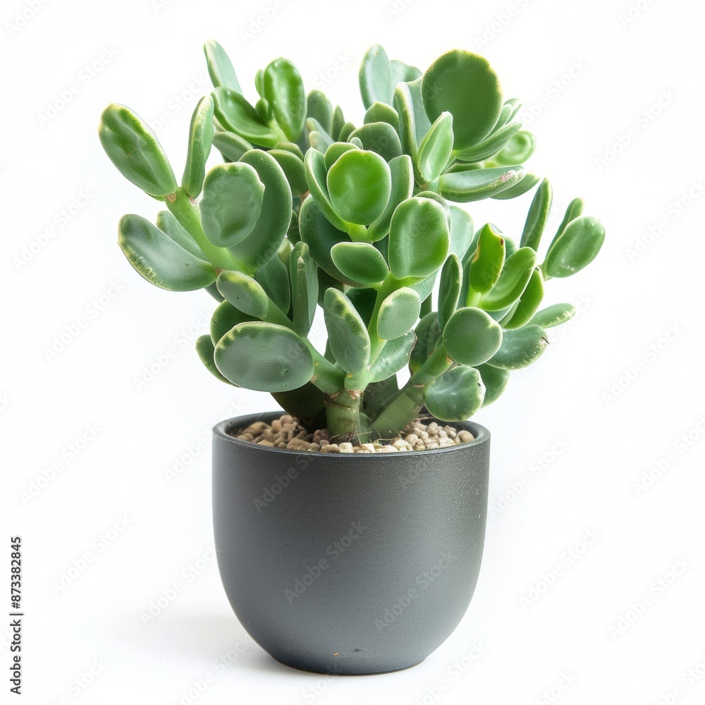 A photo of a potted succulent plant with smooth oval leaves and a thick stem. The plant is in a gray pot and isolated on a white background. A photo of a potted succulent plant with smooth oval leaves and a thick stem. The plant is in a gray pot and isolated on a white background.