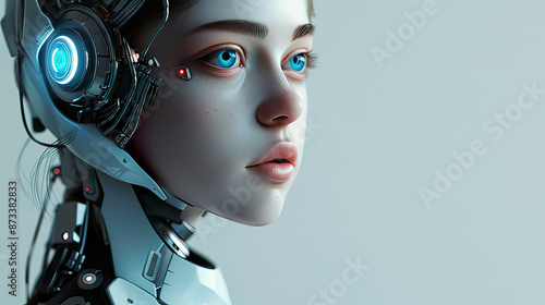 Android girl with blue eyes, cyborg robot, empty background, futuristic and detailed design, sleek hightech aesthetics 