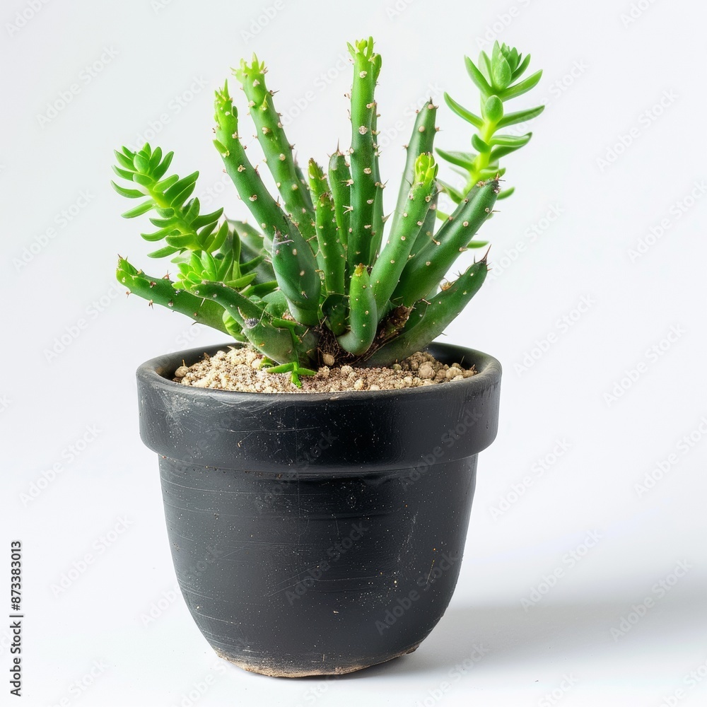 A small succulent with a unique shape and texture. It is planted in a black pot with drainage holes and is perfect for adding a touch of greenery to any space. A small succulent with a unique shape and texture. It is planted in a black pot with drainage holes and is perfect for adding a touch of greenery to any space.