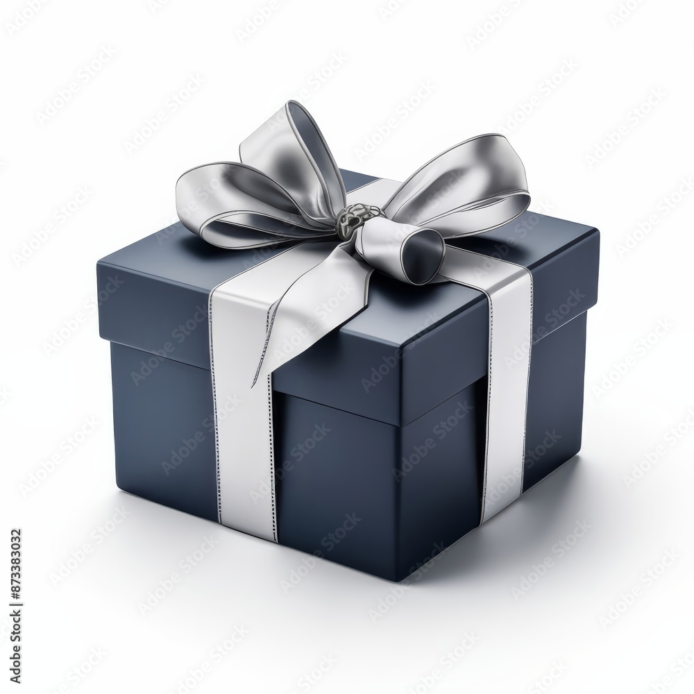 Fototapeta premium elegant gift box with fine silver ribbon navy blue wrapping paper , generated by AI. High quality photo