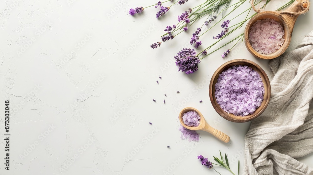 Lavender spa collection on white surface with copy space