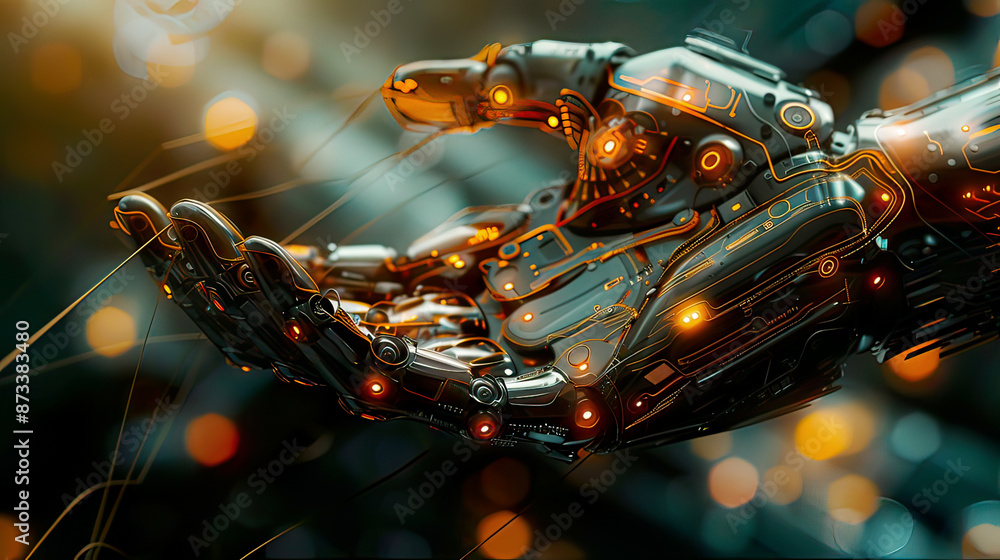 Biomechanical hand with glowing elements, detailed background Biomechanical hand with glowing elements, detailed background