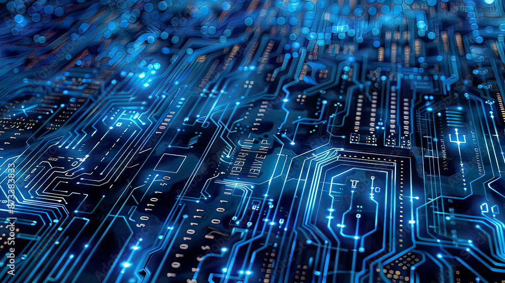Blue technology circuits matrix, intricate and detailed, with binary code background, glowing elements, hightech and futuristic design, seamless integration of digital and technological aesthetics Blue technology circuits matrix, intricate and detailed, with binary code background, glowing elements, hightech and futuristic design, seamless integration of digital and technological aesthetics
